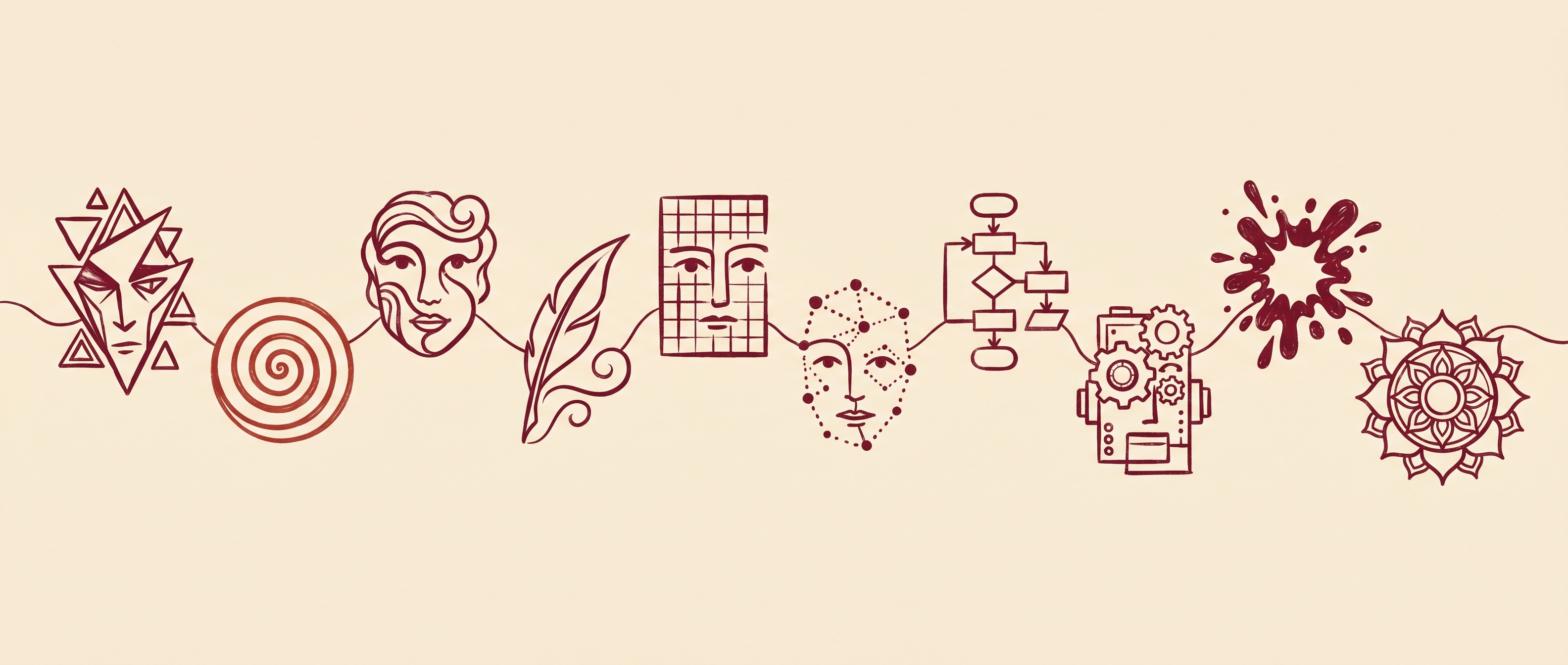 Line-art ilustracja 10 stylizowanych portretów w rzędzie — zespół AI Mateusza: strateg, handlowiec, marketingowiec, pisarz, analityk, researcher, operator, technik, kreator, wellness. Monochromatyczny deep-red na kremowym papierze, editorial zine style.