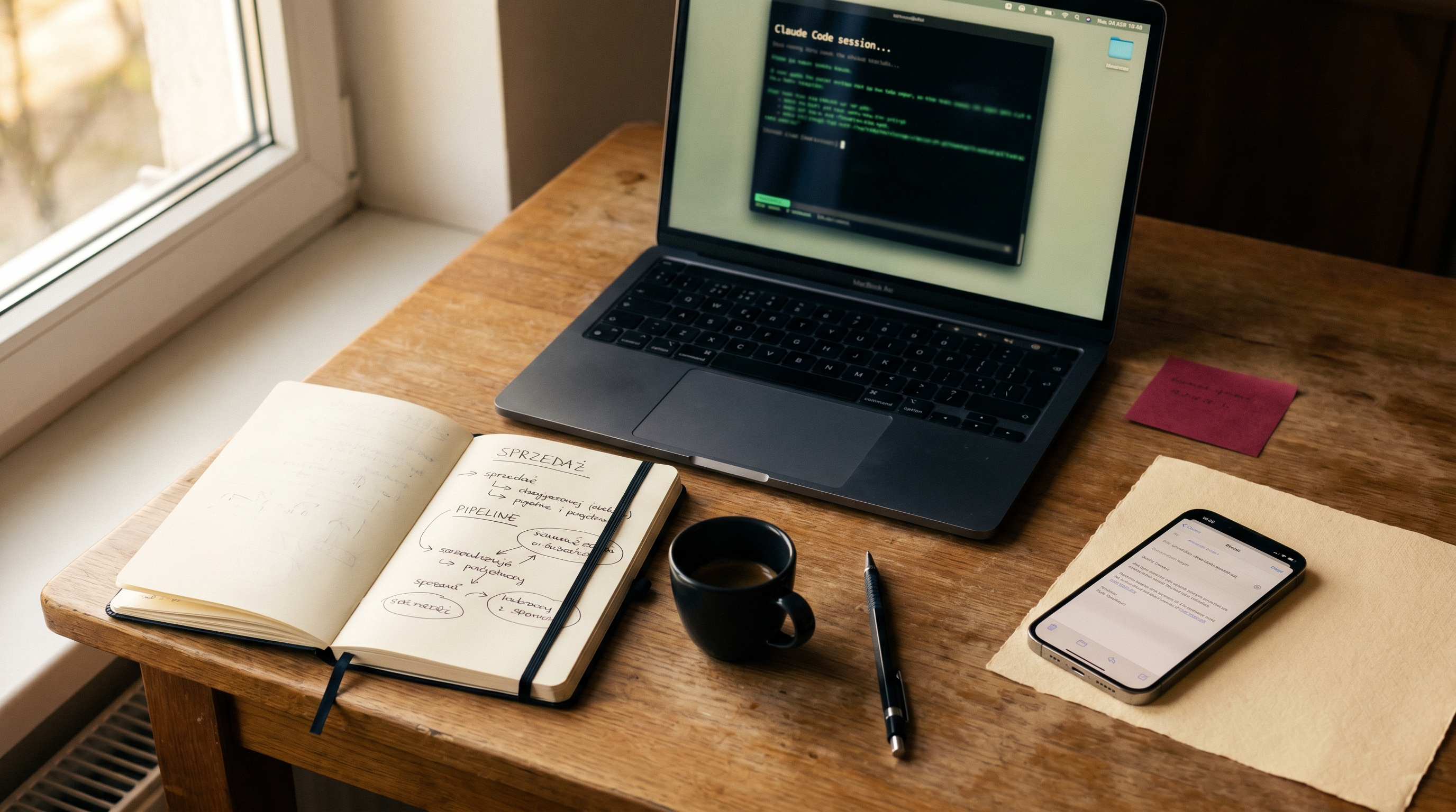 Workspace: MacBook z terminalem Claude Code, notatnik Moleskine z ręczne napisanym pipeline'em sprzedaży, filiżanka espresso. Poranne światło. Gliwice, kwiecień 2026.